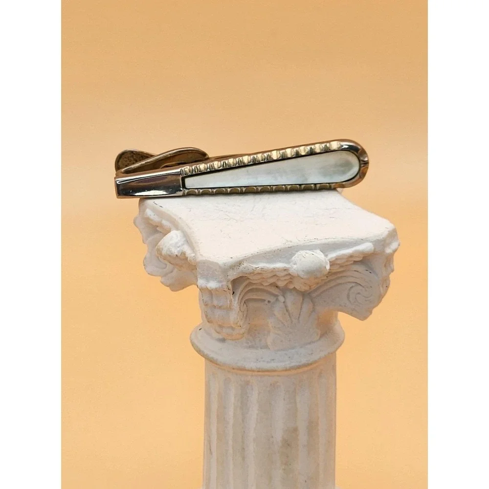Vtg NIPPY Clip STRATTON Made In England Mother Of Pearl Silver Tone Tie Clip Bar